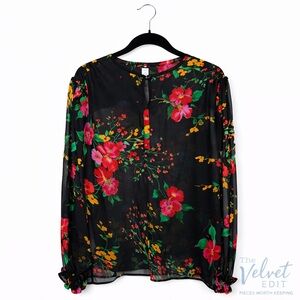 CAbi Sheer Floral Blouse Black Pink Green Long Sleeve Romantic Boho Top M
